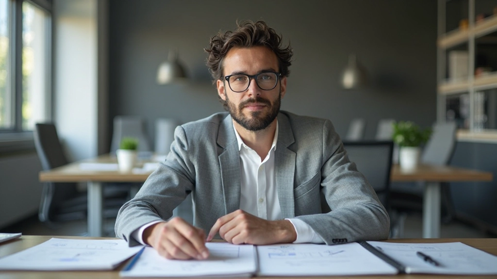 Designer op werkplek met SEO planning document, notebook met wireframes en aantekeningen zichtbaar