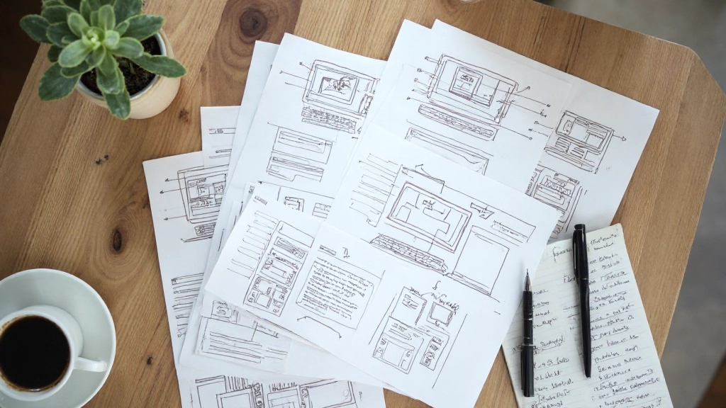 Uitgeprinte papieren met wireframes en notities op bureau met pen en koffie
